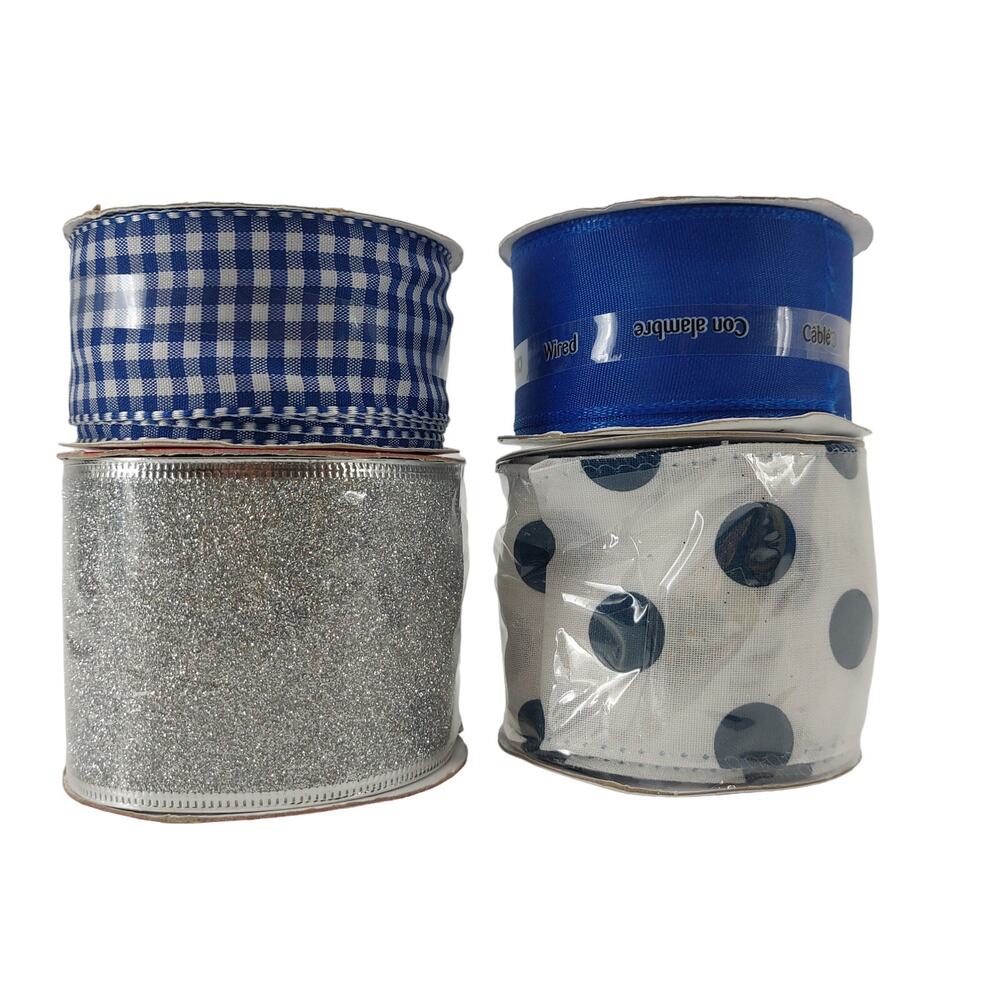 Blue Ribbon Lot Set of 4 Gingham Polkadot Solid Silver Metallic